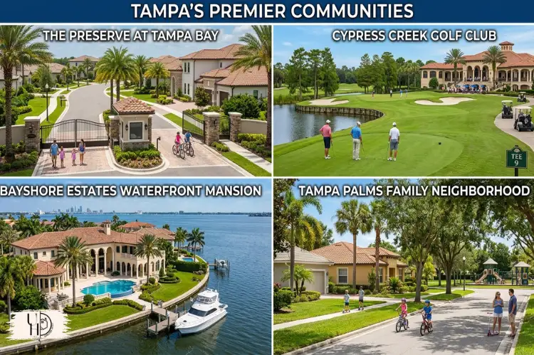 variety of Tampa gated community homes, golf courses, luxury estates, family neighborhoods.