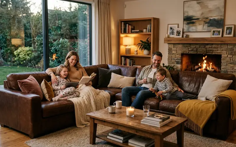 Family relaxing on a luxurious leather lounge in a modern living room, comfortable seating, warm interior, realistic.