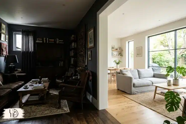 Dark cramped living room with heavy furniture and dark walls transitioning into brighter airy interior.