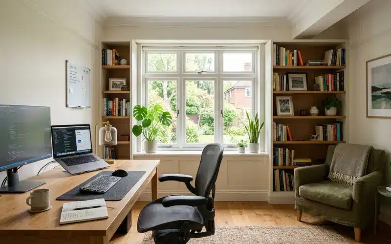 Home office with perfectly placed window providing balanced daylight, productive workspace, realistic interior
