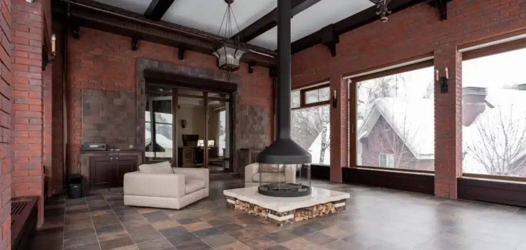 Modern living room with brick walls and tiled flooring.