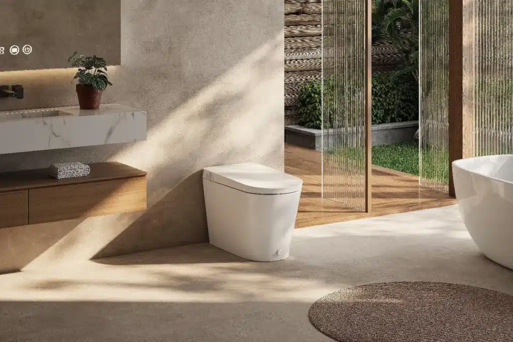 Modern white bidet toilet in a minimalist bathroom with a floating vanity, freestanding bathtub, and natural light.