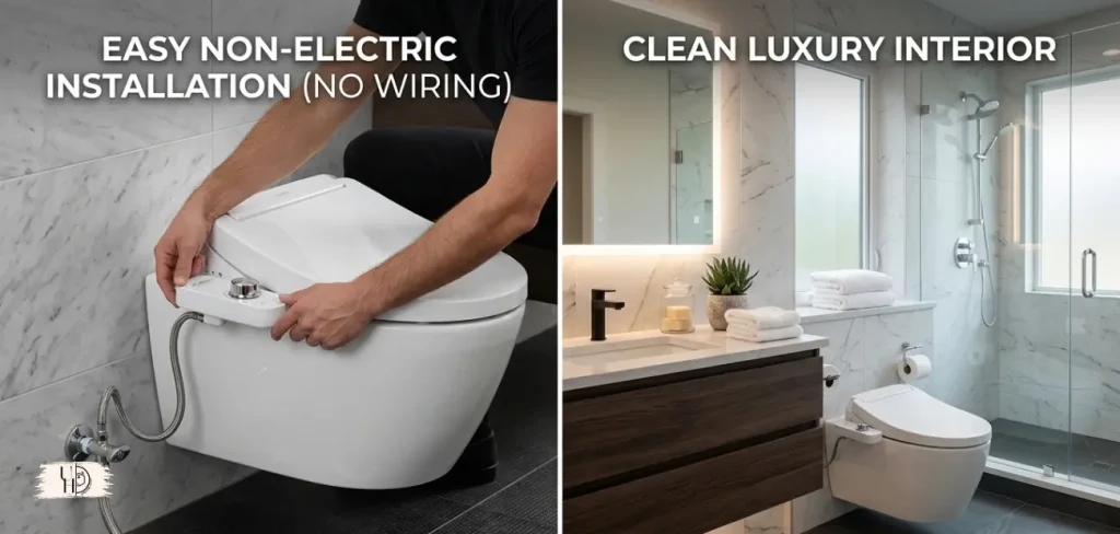 Non electric bidet toilet installed in a modern bathroom without electrical work.