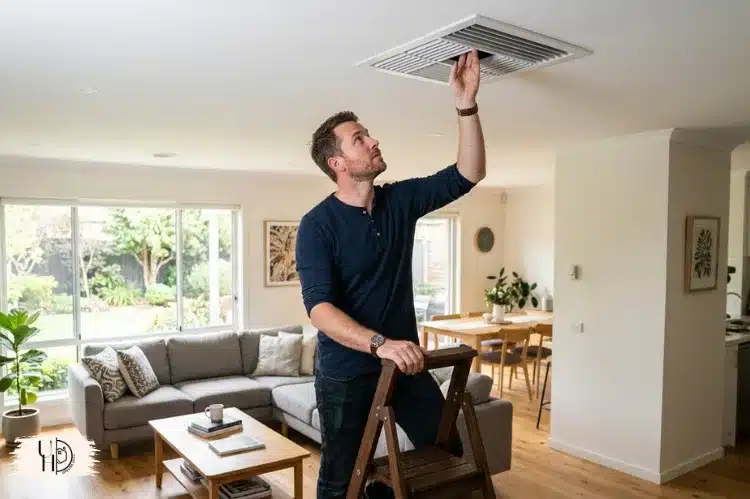 Homeowner checking HVAC vents, dirty air filter, frozen coil, realistic modern home.