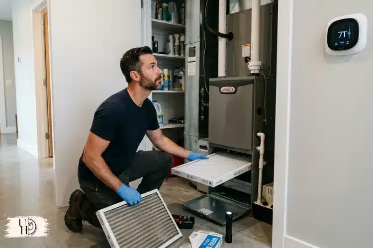 Homeowner replacing HVAC air filter and checking thermostat, modern home.