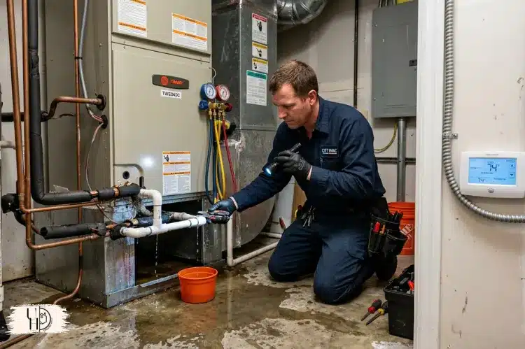 Water leak near HVAC unit, thermostat, technician inspecting system, photorealistic.