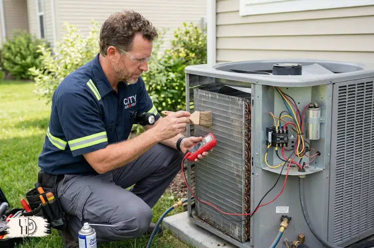 HVAC technician cleaning AC unit and inspecting electrical components.
