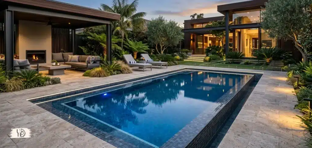 Modern renovated backyard swimming pool with elegant tiles, LED lighting, landscaped garden, luxury outdoor living.
