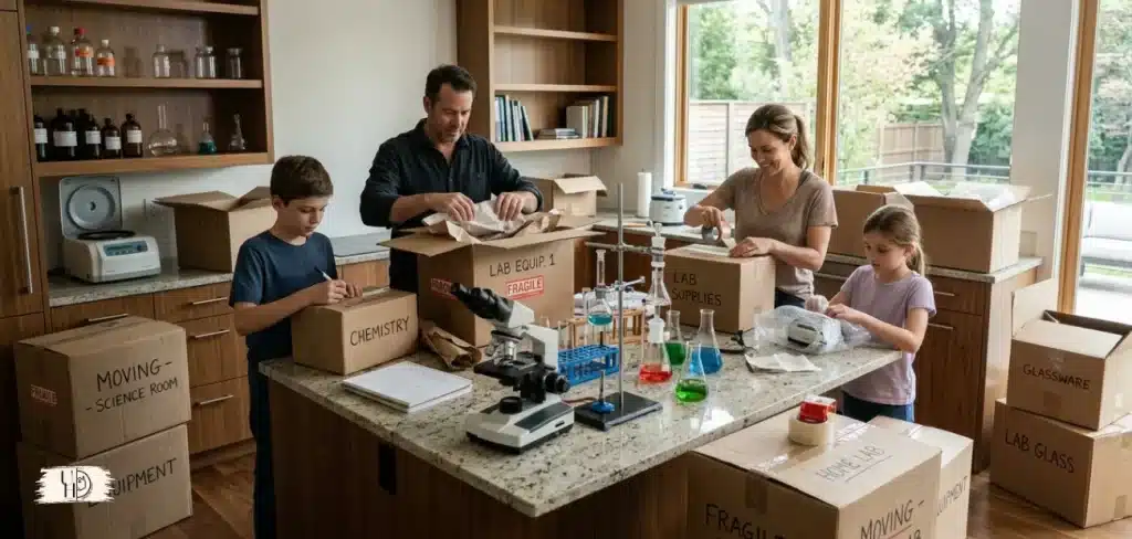 Luxury home science lab with microscope, chemistry set, moving boxes, family packing equipment.
