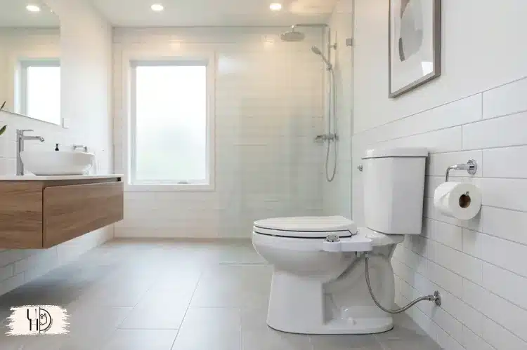 Modern non-electric bidet toilet installed easily without electrical wiring, clean bathroom.