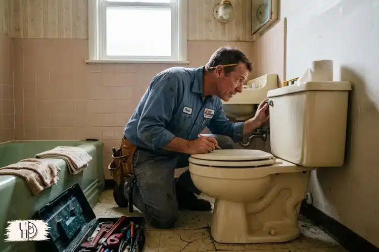 Older bathroom with no electrical outlet near the toilet, plumber inspecting installation area, photorealistic.