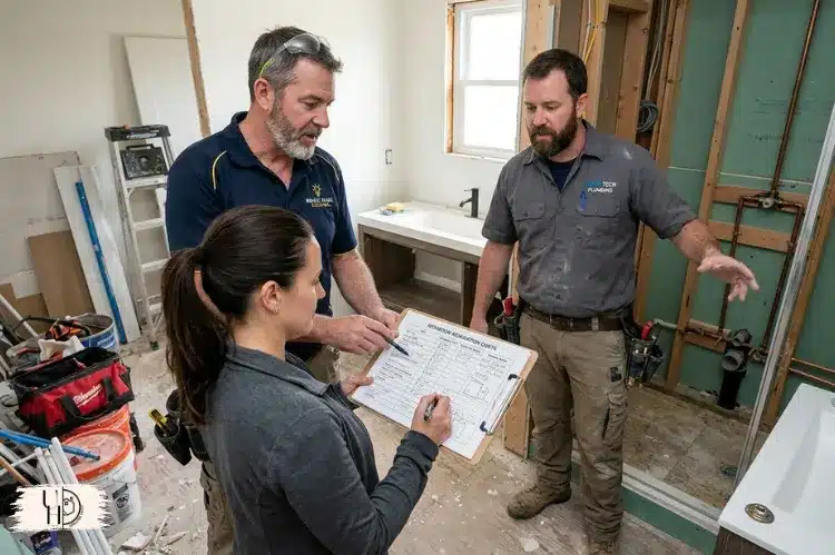 Homeowner comparing renovation costs with electrician and plumber discussing bathroom upgrades.